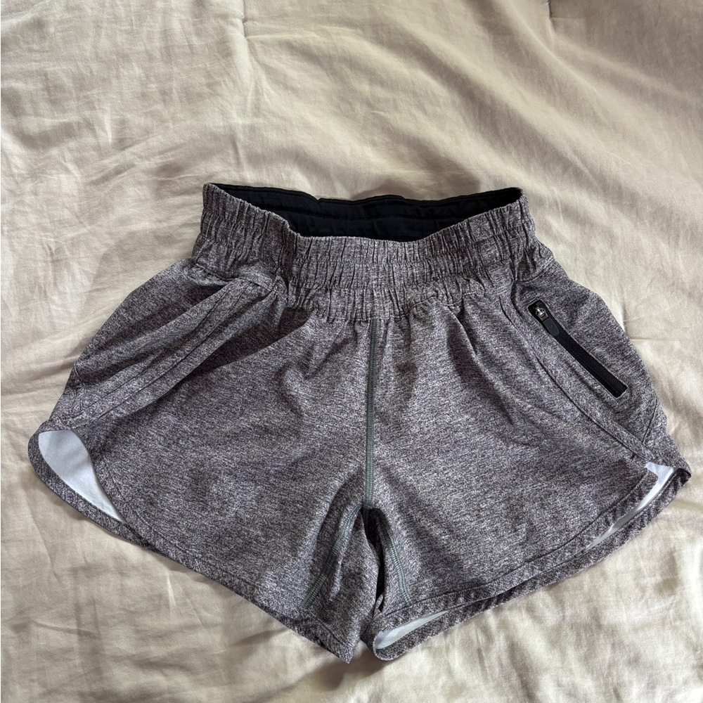 Lululemon Heathered Grey Tracker Shorts.